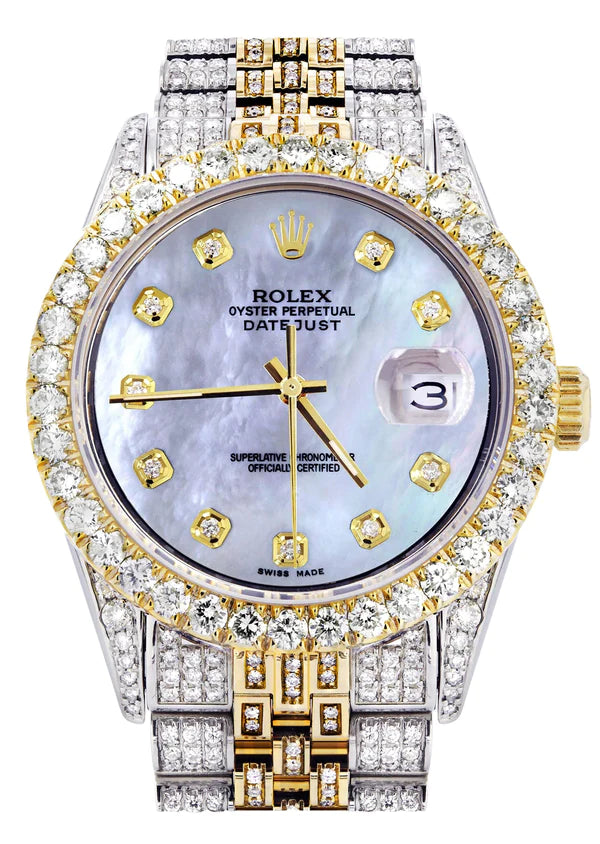 Iced Out Rolex Datejust | 36MM | Mother of Pearl Diamond Dial | Two Tone | Diamond Jubilee Band | 10 Carats of Diamonds