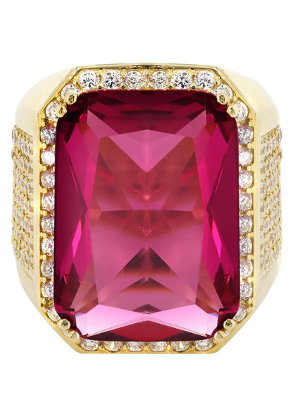 Mens Gold Round Diamond Ruby Pinky Ring | 10K Solid Yellow Gold