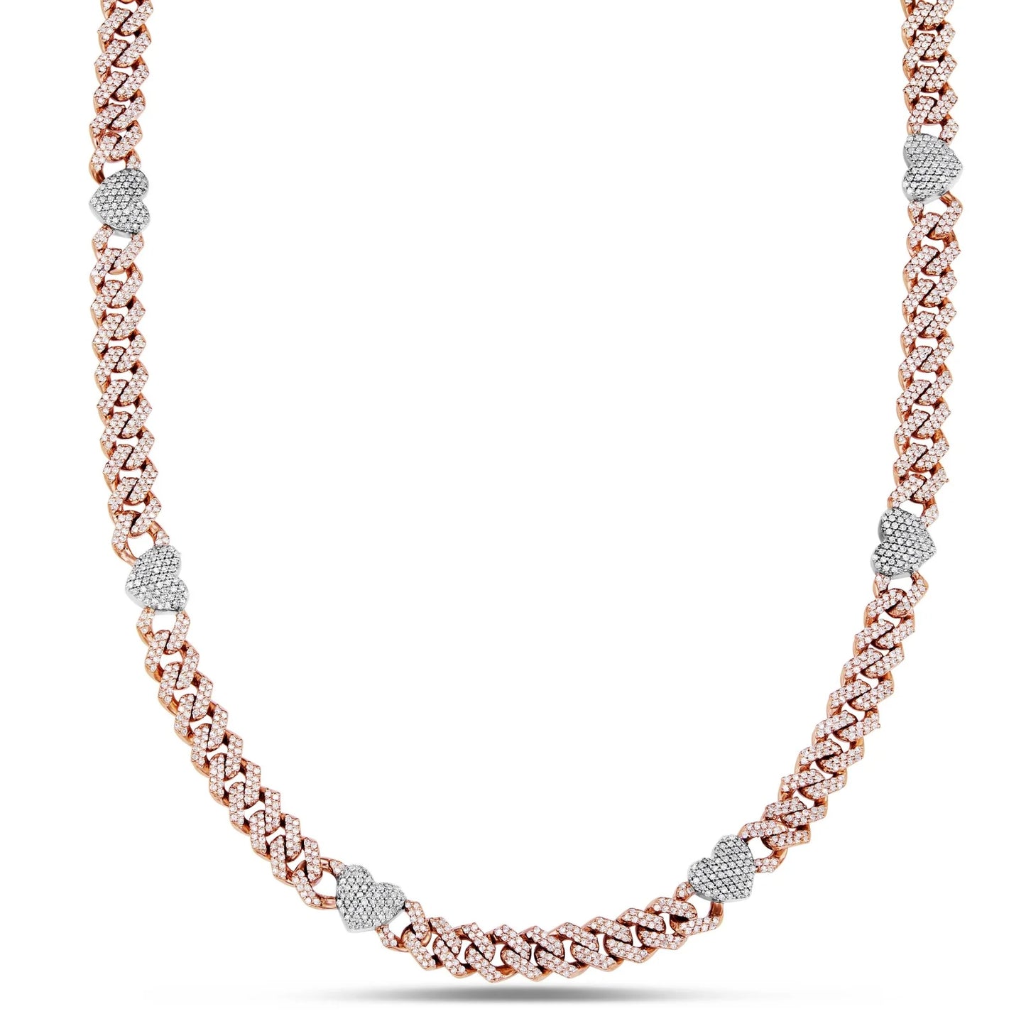 Diamond Cuban Chain with Heart Motif | 14K GOLD 4.21CTW | 4MM | 3 Color Options Available | Two Tone Available